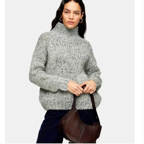 Topshop Green & Gray Knit Funnel Neck Drop Shoulder Oversized Sweater 8 - Picture 1 of 6